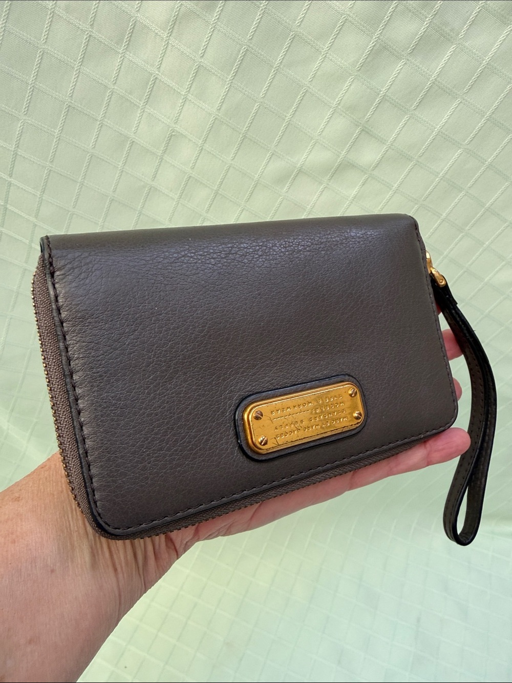Vintage Marc By Marc Jacobs Grayish  Brown Leather Wristlet with Gold Plaque